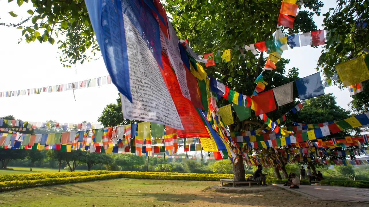 Gebetsfahnen zieren die Landschaft rund um Buddhas Tempel